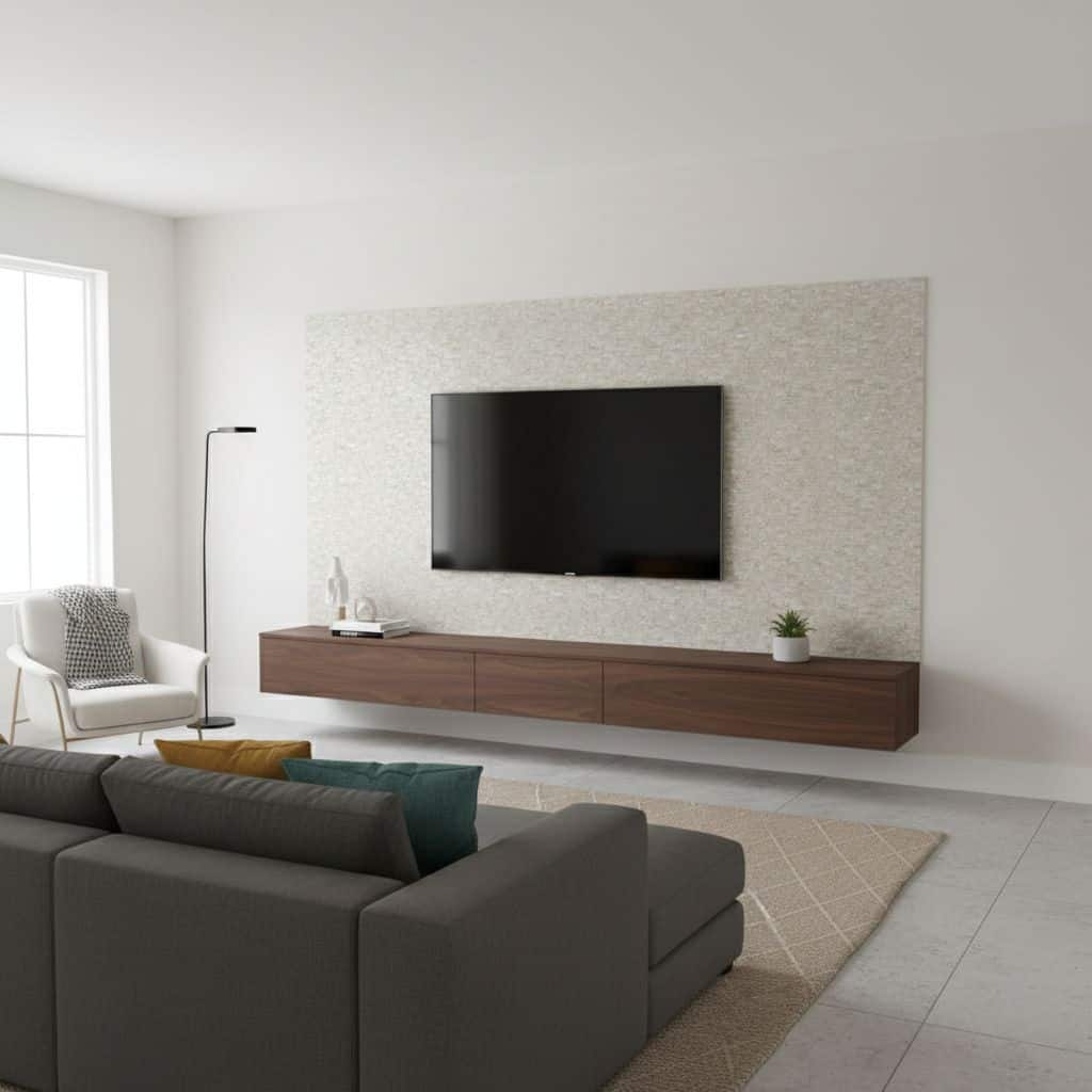 A textured, light-colored tile wall behind a mounted flat-screen TV in a contemporary living room.