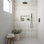 Textured beige wall tiles with a subtle pattern, perfect for modern shower walls. Features a built-in niche, black shower fix.