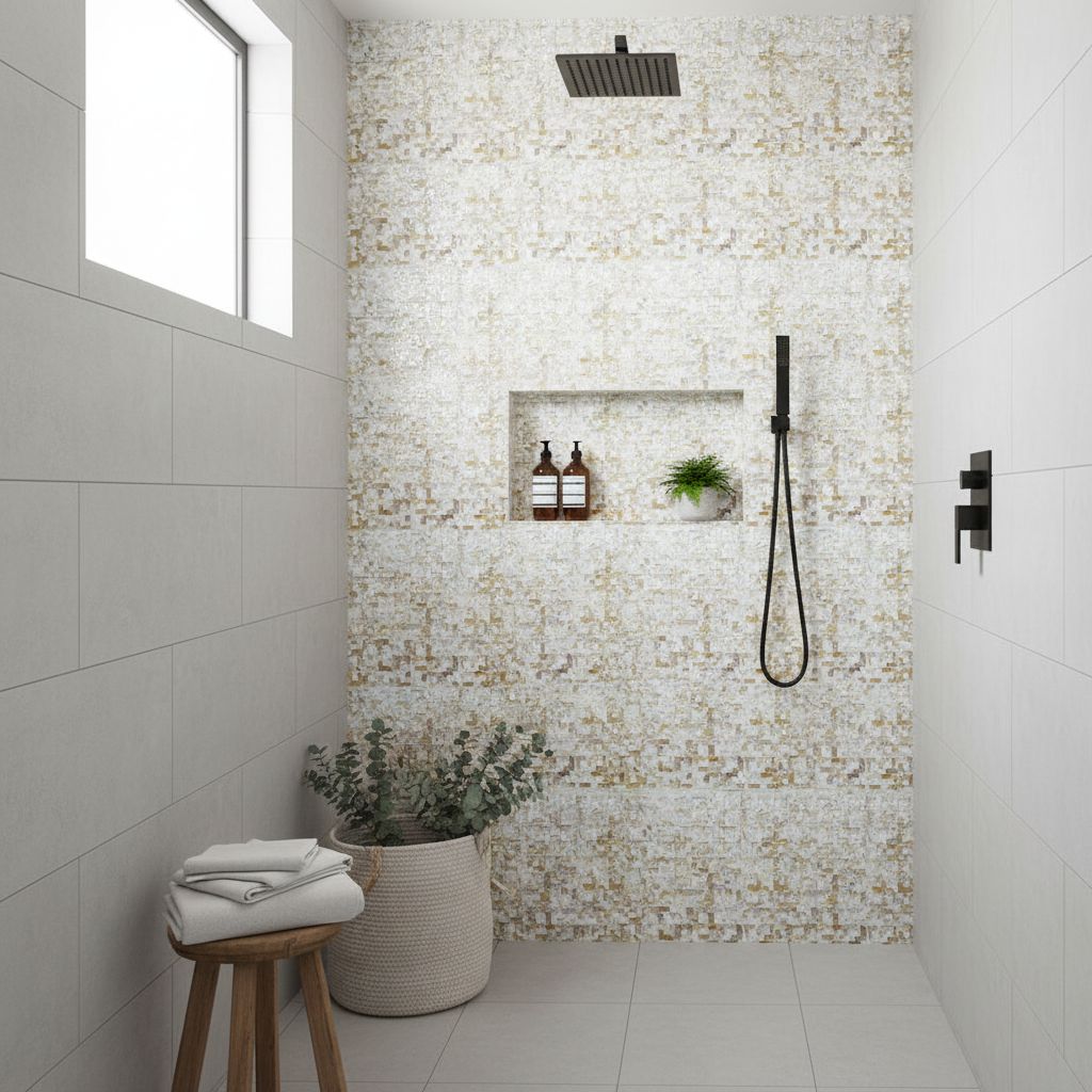 Textured beige wall tiles with a subtle pattern, perfect for modern shower walls. Features a built-in niche, black shower fix.