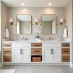 Double vanity with white cabinets and wooden drawers, two rectangular mirrors, and wall-mounted lights.