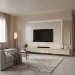 Light gray textured wall tile with a subtle pattern, enhancing the contemporary living room decor.
