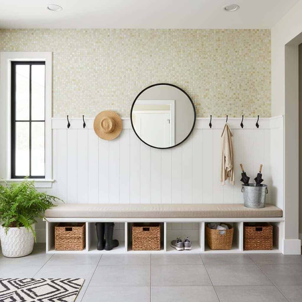 Bright mosaic tile wall in neutral tones with a white wooden bench and storage baskets.