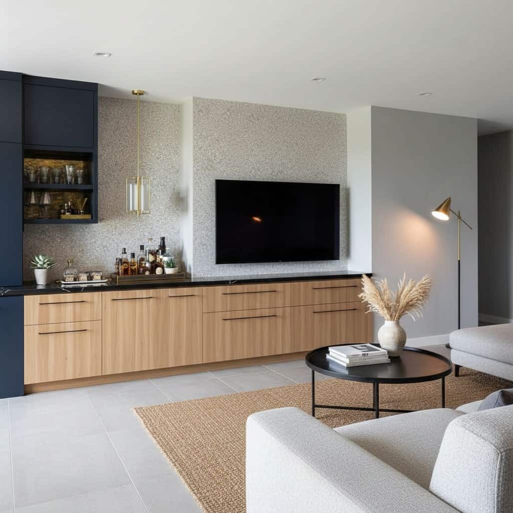A sleek wooden cabinet with a flat-screen TV, decorative plants, and a cozy living room setting featuring neutral tones and m.