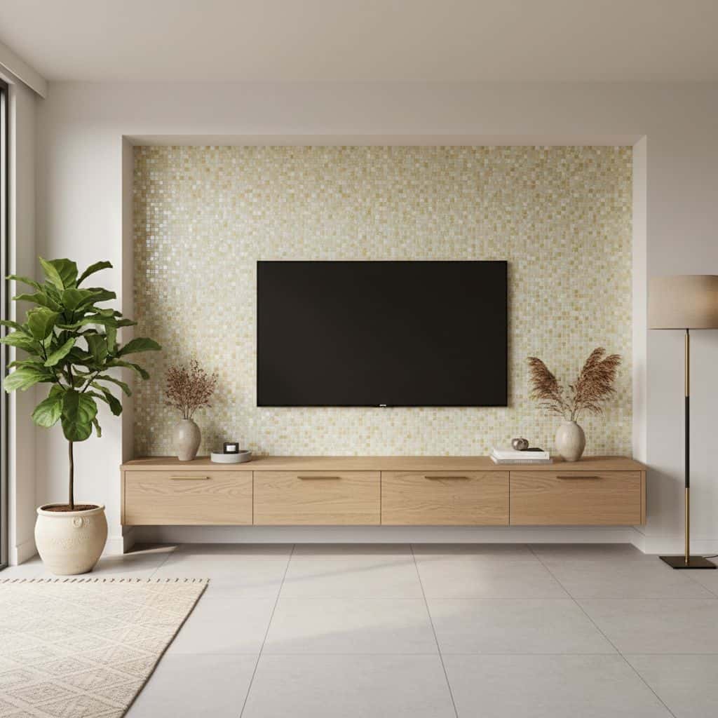 Neutral mosaic tile wall with textured surface and subtle color variations.