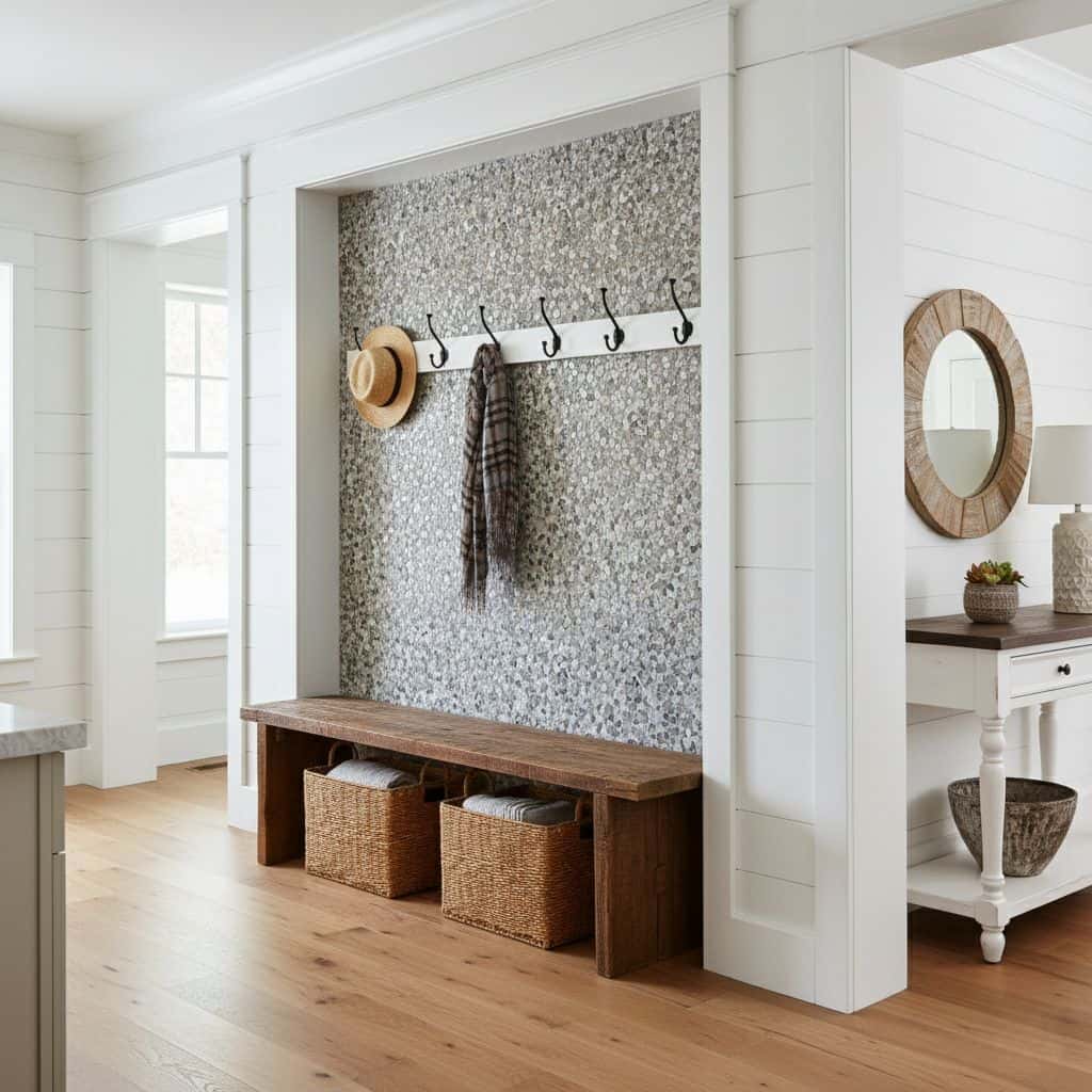 Gray pebble tile with textured surface and smooth finish.