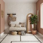 Neutral-colored wall tiles with textured surface, complemented by a soft beige bench and natural decor elements.