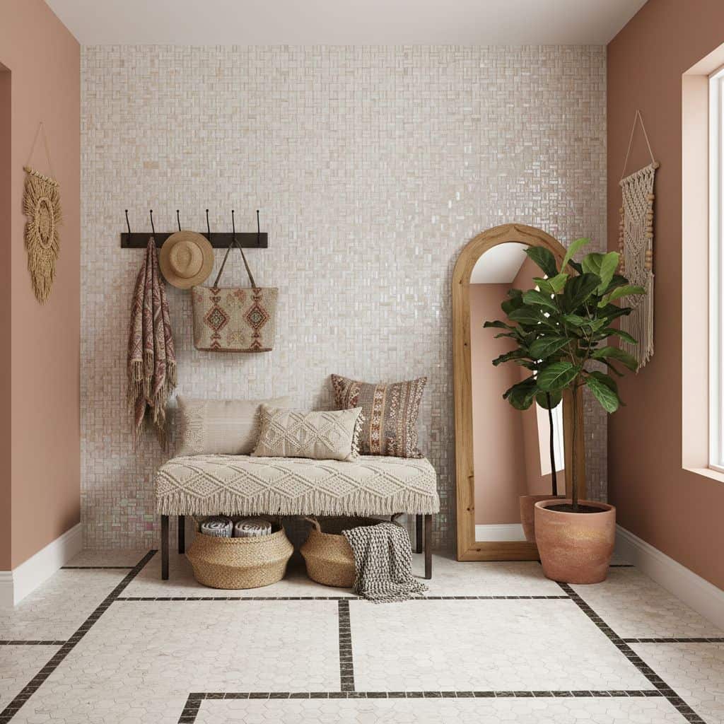 Neutral-colored wall tiles with textured surface, complemented by a soft beige bench and natural decor elements.