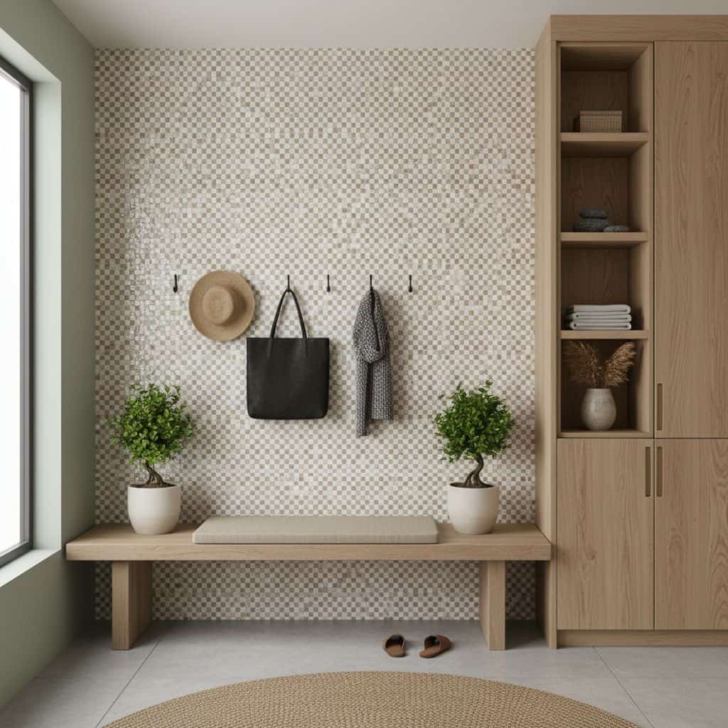 Beige mosaic tile wall with textured surface, used as a decorative accent in a cozy entryway.