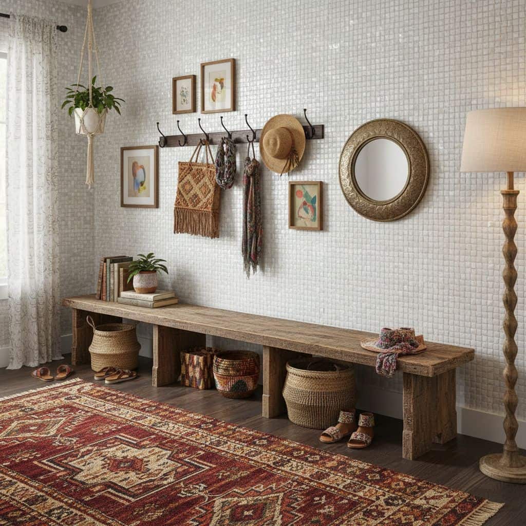 A cozy entryway with textured white tile wall, decorative framed art, rattan baskets, and a rustic wooden bench.