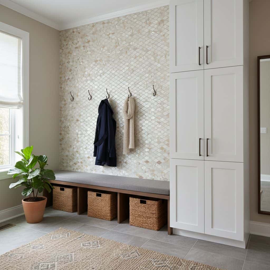 Light mosaic tile wall with neutral tones and textured surface, complemented by a white storage cabinet and a cozy bench with.