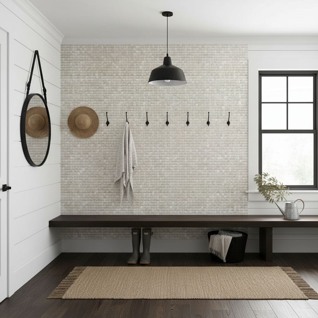 A textured white brick tile wall with black hooks, a wooden bench, and decorative accessories in a modern entryway.