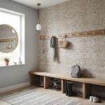 Textured beige tile wall with hooks and accessories.