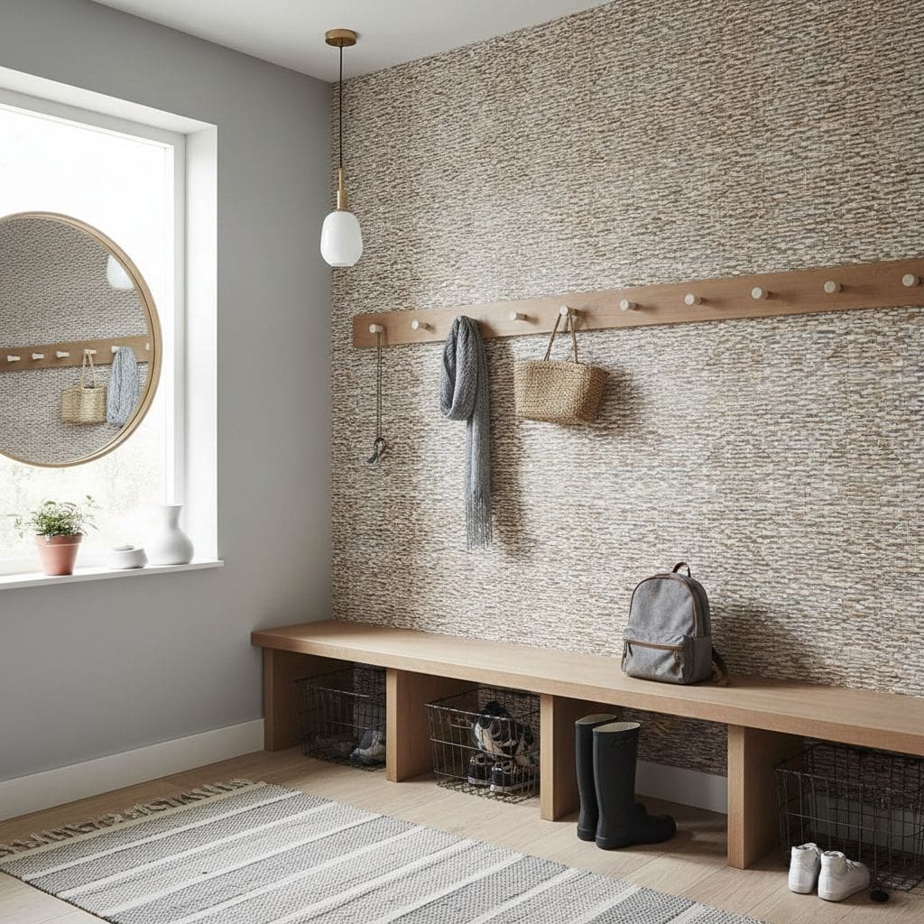 Textured beige tile wall with hooks and accessories.