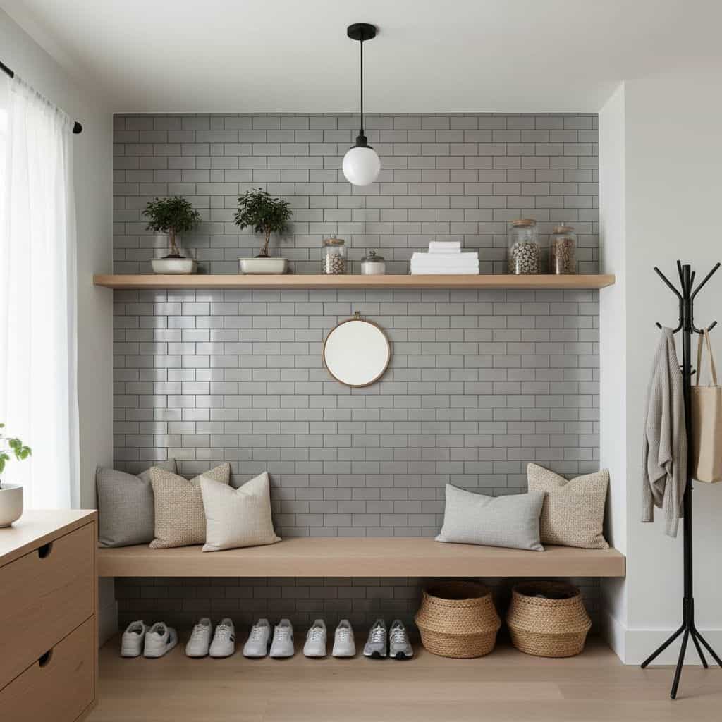 Gray brick tile wall with smooth texture, used as a stylish backsplash in a contemporary living space.