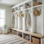 Bright, textured beige and white tiles with hooks and baskets.