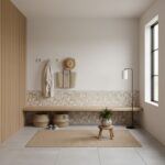 Neutral beige textured wall tiles with a smooth finish, paired with large light gray floor tiles for a modern, minimalist loo.
