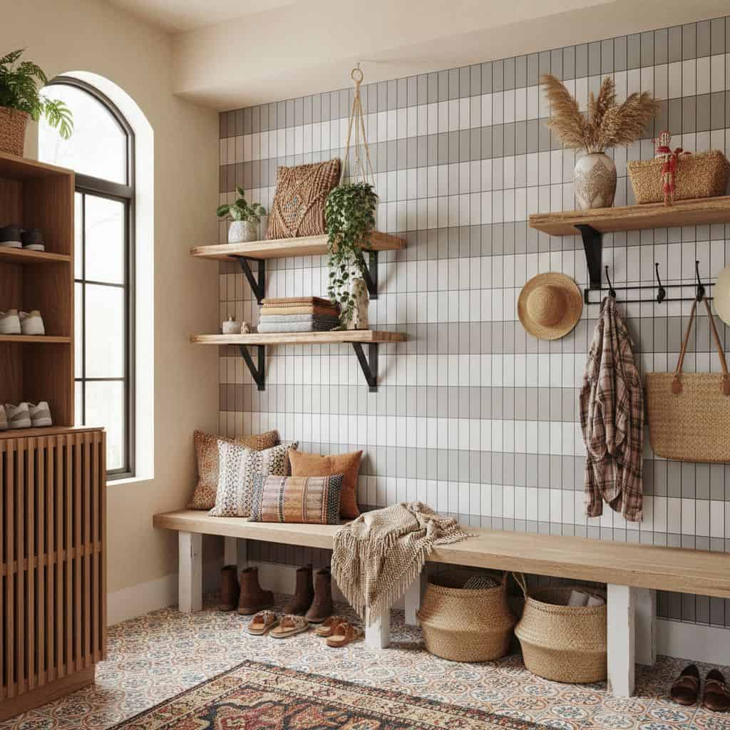 White and gray textured wall tiles with a matte finish, creating a modern and cozy ambiance.