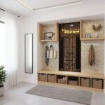 Wooden and mosaic tile wall with decorative accents and storage baskets.