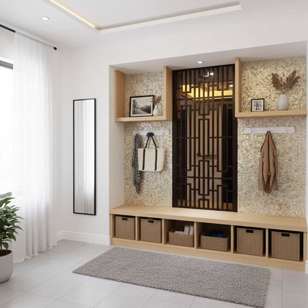 Wooden and mosaic tile wall with decorative accents and storage baskets.