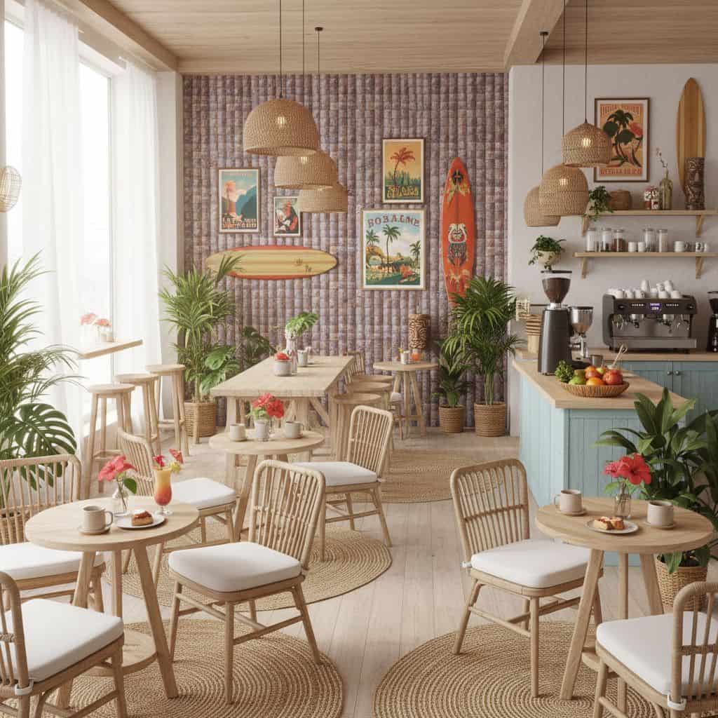 Bright, colorful surf-themed wall decor with sunset and ocean motifs.
