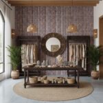 Warm beige textured tile wall with woven pendant lights and natural decor accents.