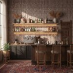 Cozy bar space featuring a brown tiled wall, wooden bar counter, and shelves with bottles and decor.