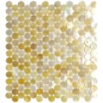 Shiny gold and cream glass mosaic tiles with textured surface, ideal for wall accents.
