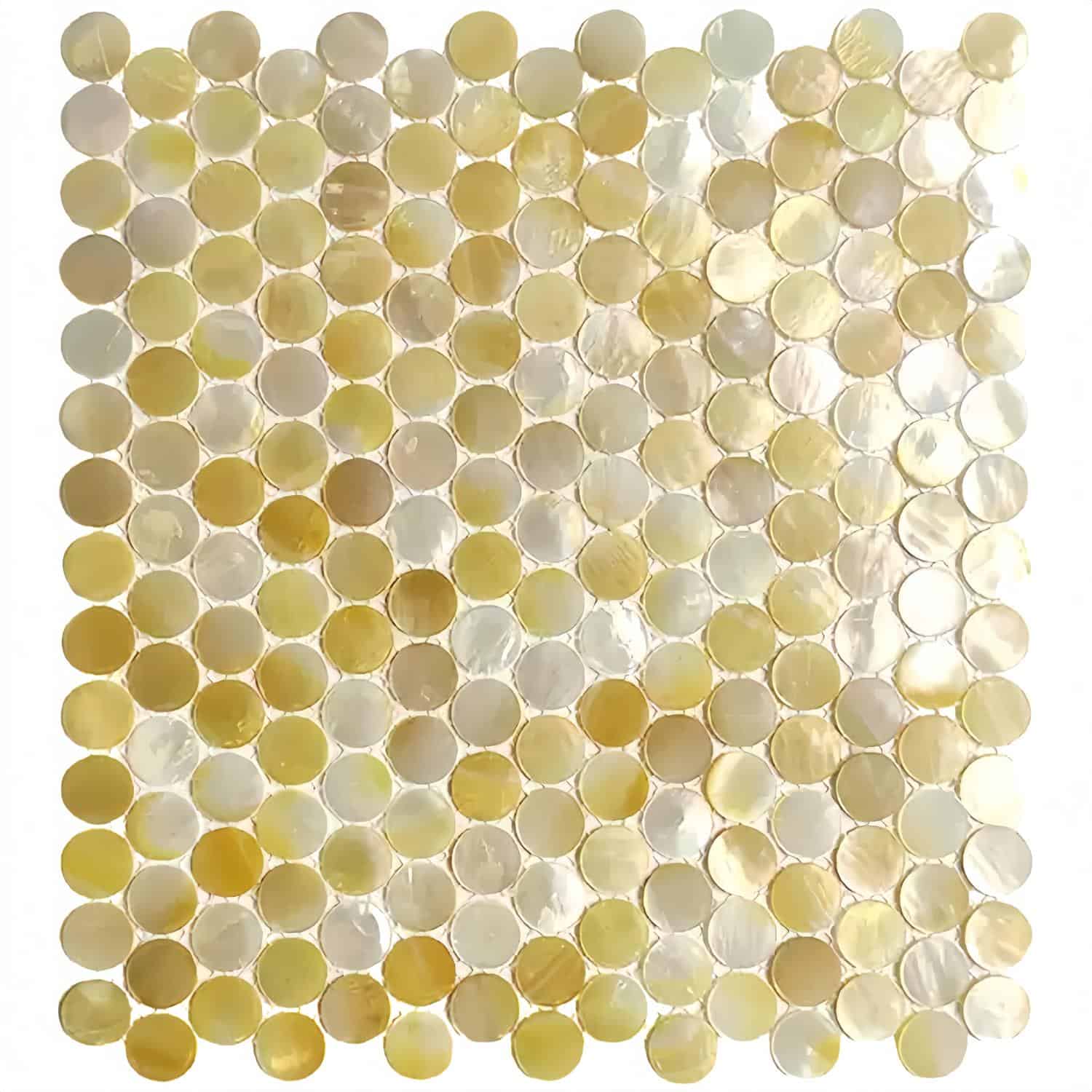 Shiny gold and cream glass mosaic tiles with textured surface, ideal for wall accents.