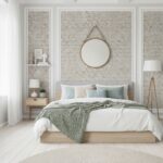 Light-colored textured brick wall tile in a bedroom setting, creating a cozy and modern ambiance. Perfect for accent walls wi.
