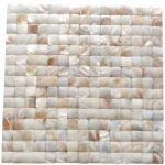 Shimmering pearl white mother of pearl tiles with a smooth, glossy texture and subtle iridescent sheen.