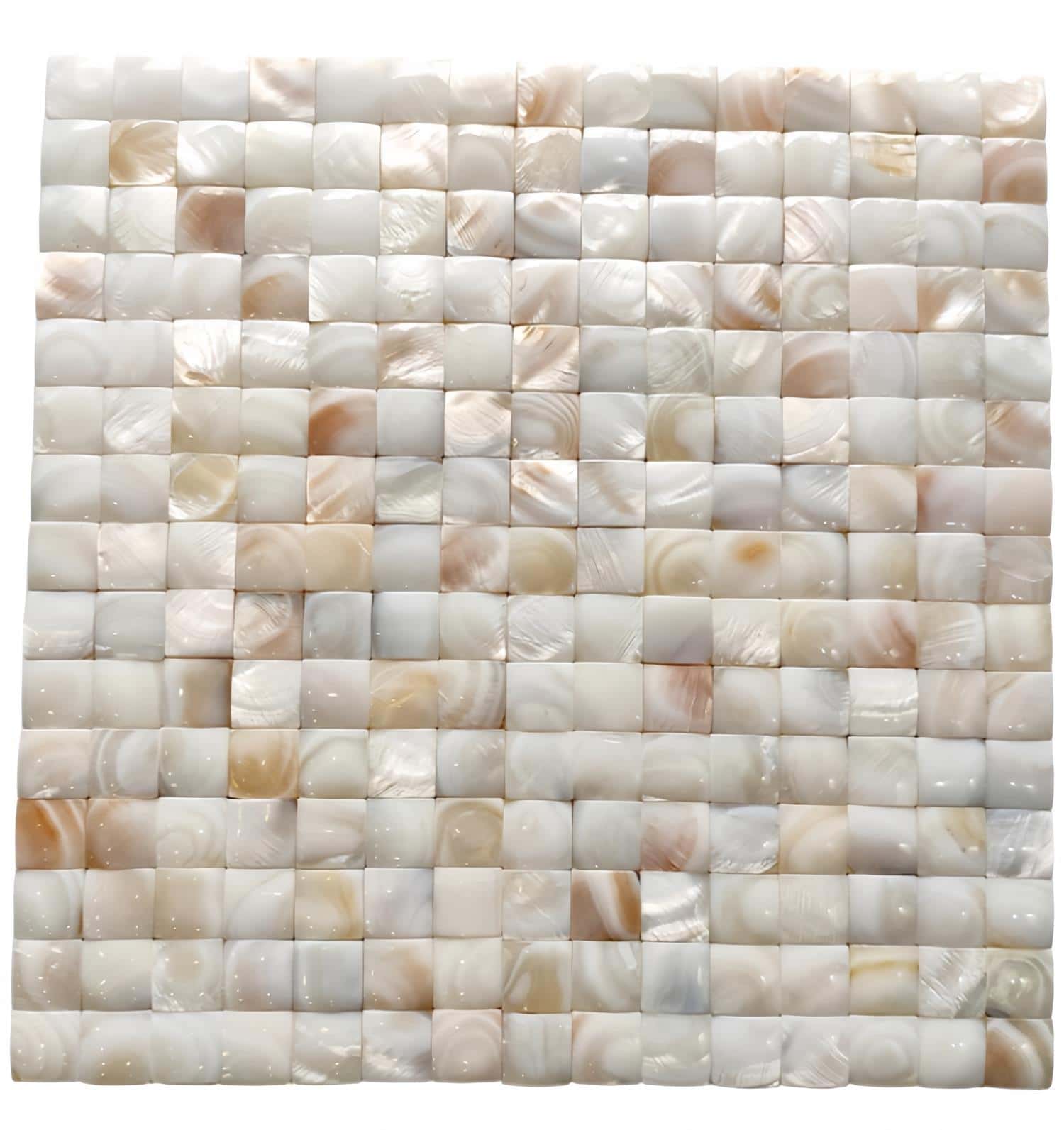 Shimmering pearl white mother of pearl tiles with a smooth, glossy texture and subtle iridescent sheen.