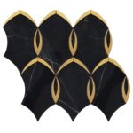 Black marble tiles with gold detailing, smooth texture, and polished finish for sophisticated decor.