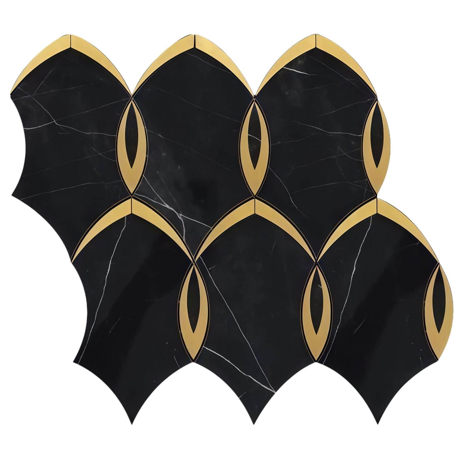 Black marble tiles with gold detailing, smooth texture, and polished finish for sophisticated decor.