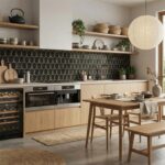 Black and gold textured ceramic tile for kitchen backsplash.