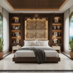 Relaxing bedroom featuring a wooden wall art piece, neutral tones, and cozy decor, creating a warm and inviting atmosphere.