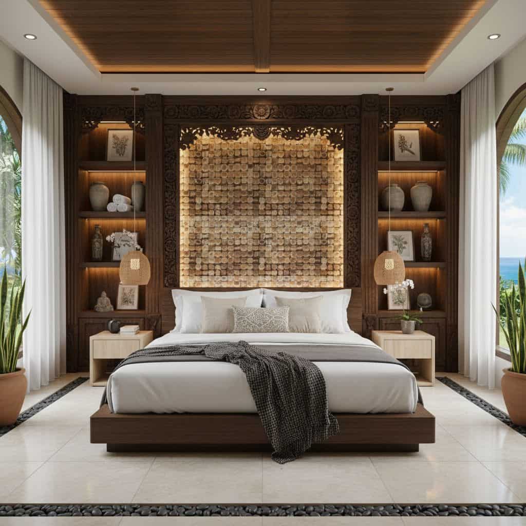Relaxing bedroom featuring a wooden wall art piece, neutral tones, and cozy decor, creating a warm and inviting atmosphere.