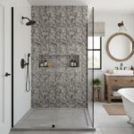 Gray mosaic stone tile with textured surface for shower walls.