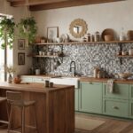 Bright mosaic tile backsplash with textured surface in shades of gray and beige.