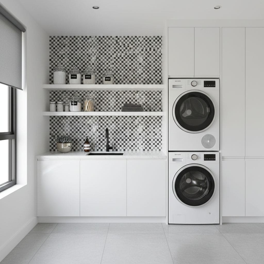 Black and white checkered tile with a matte finish, used as a backsplash in a modern laundry room.