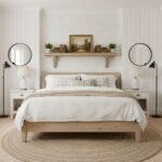 Bright bedroom featuring white textured walls, matching bedding, and minimalist decor. Perfect for a calm, inviting home envi.