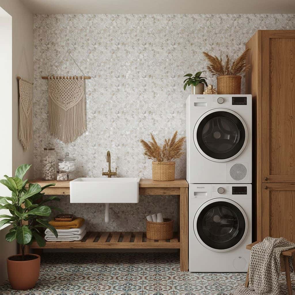 Laundry room wall with floral patterned tiles in beige and cream tones.