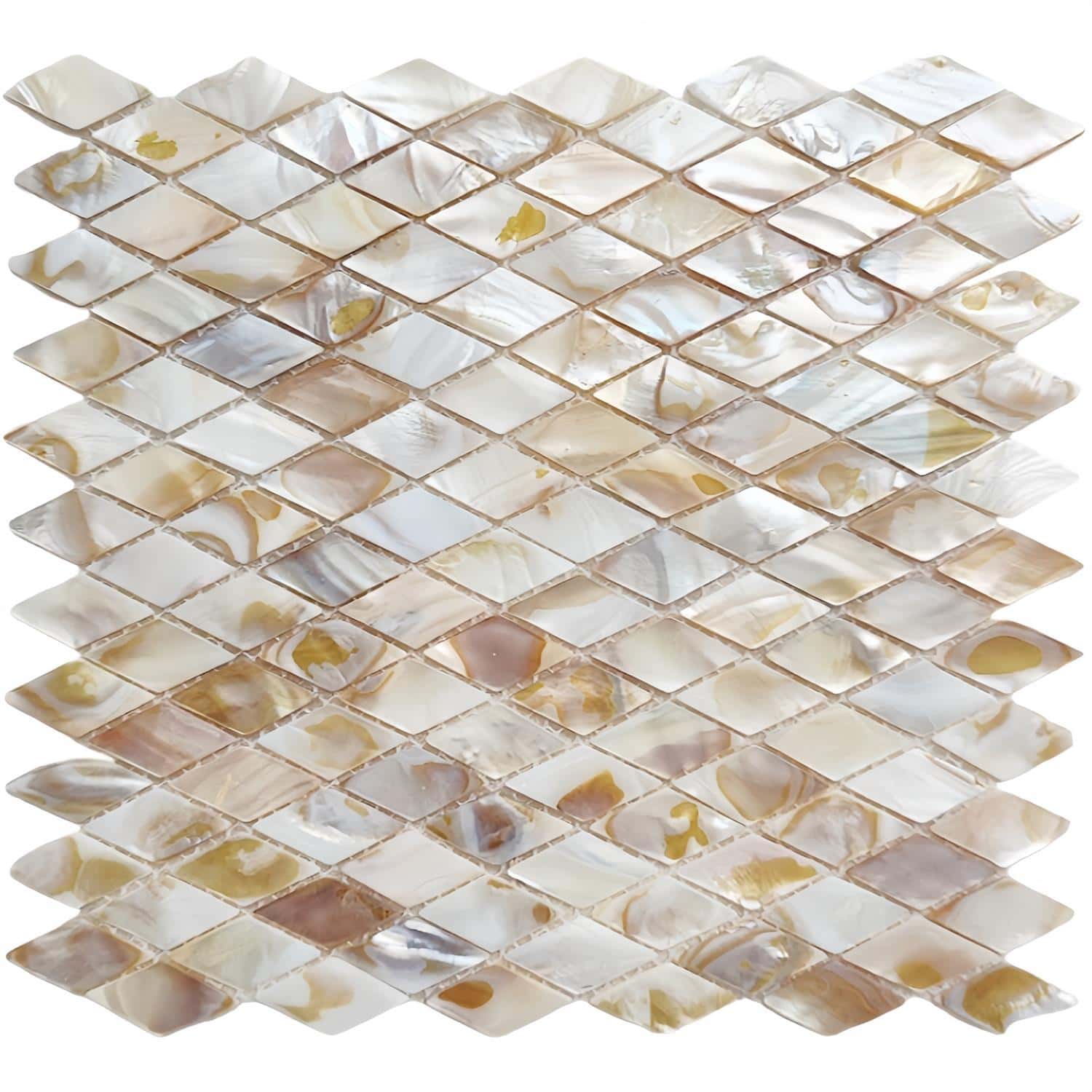 Shimmering mother of pearl tile with iridescent finish and smooth texture.
