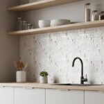 Colorful mosaic tile with pink, white, and beige shades, textured surface, in a contemporary kitchen setting.