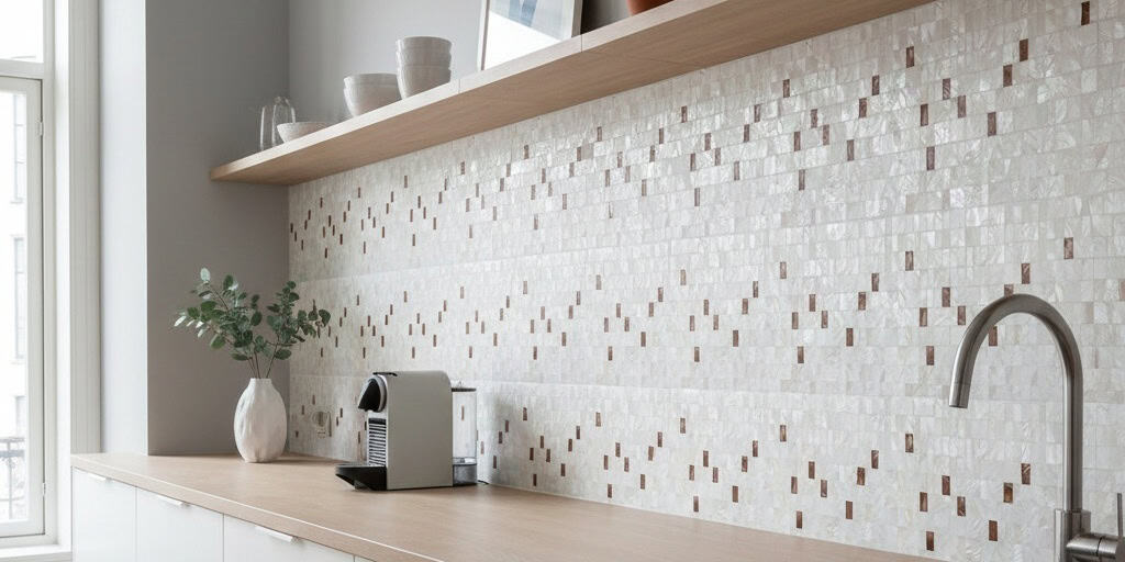 A close-up of a beige mosaic tile wall featuring small square accents and a textured surface, ideal for kitchen or bathroom b.