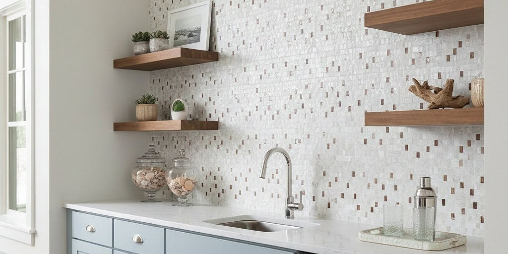 White mosaic tile backsplash with textured surface and warm wooden shelves.