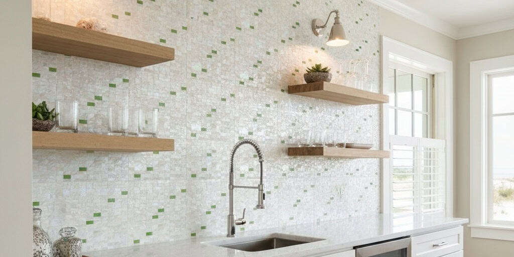 White mosaic tile with green glass accents, textured surface, in a bright kitchen setting.