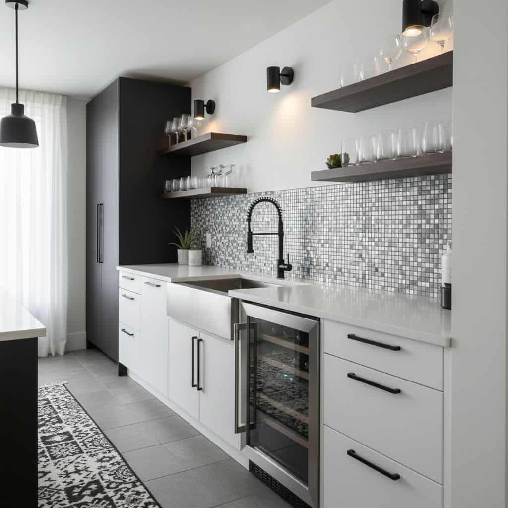 Bright white kitchen with a mosaic tile backsplash, black fixtures, and open wooden shelves. Features a built-in wine cooler.