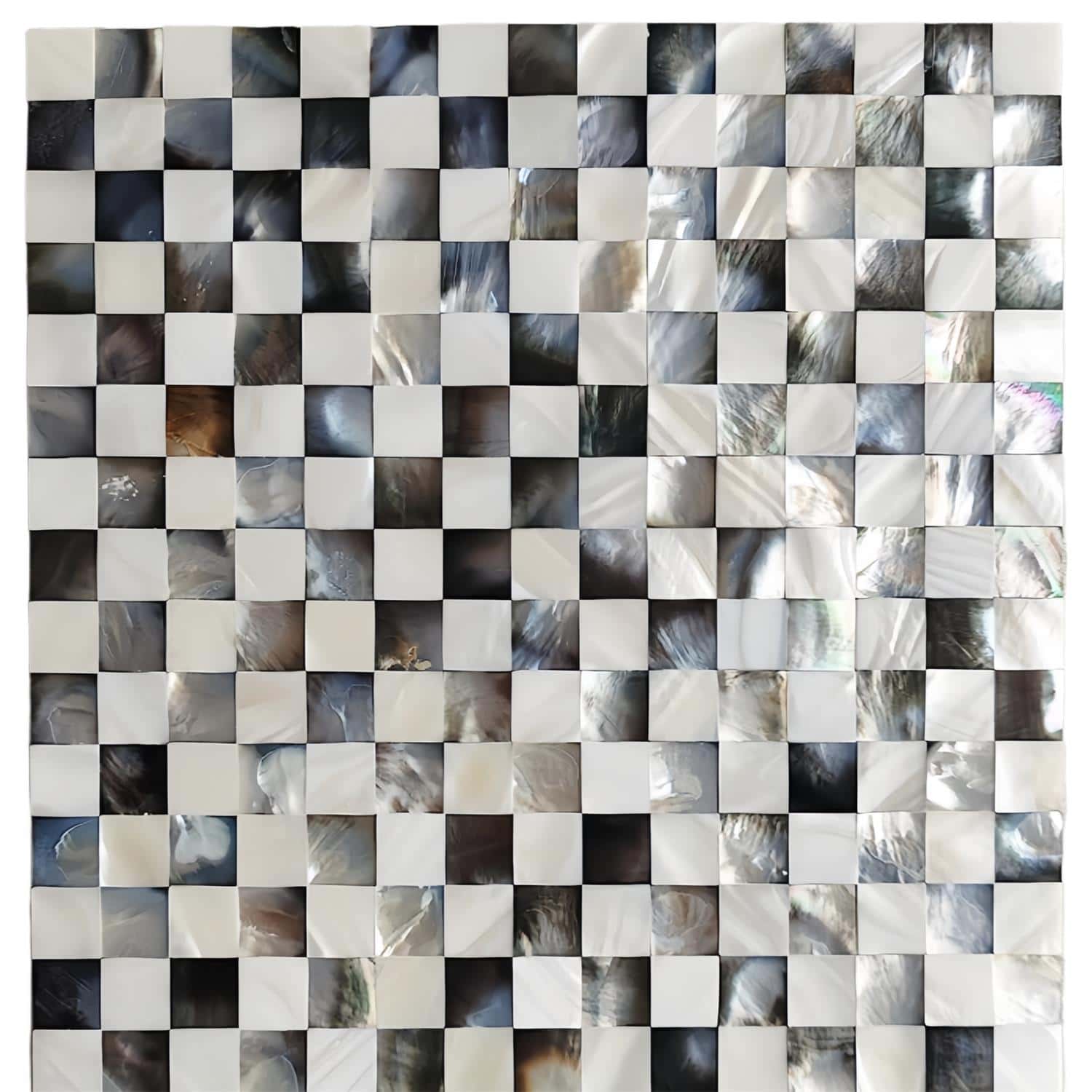 Shimmering mother of pearl mosaic tile with iridescent, smooth, and glossy surface in white, cream, and black shades.
