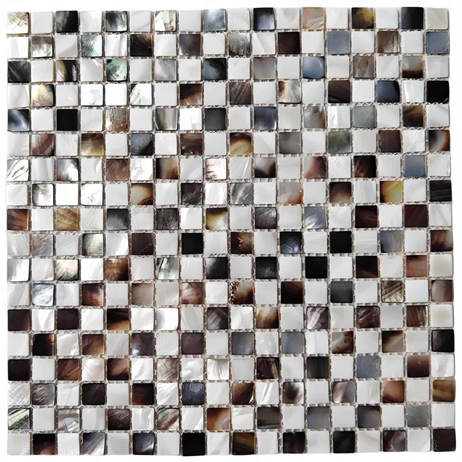 Colorful mosaic tile with a mix of black, white, and brown hues, featuring a glossy, textured surface.