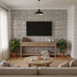 Black and white checkered tile wall with textured surface in modern living room.
